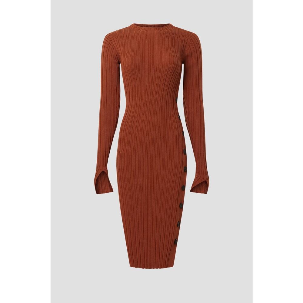 Adam Lippes Rust Ribbed Knit Side Button Long Sleeve Sweater Midi Dress Size S - Picture 4 of 16